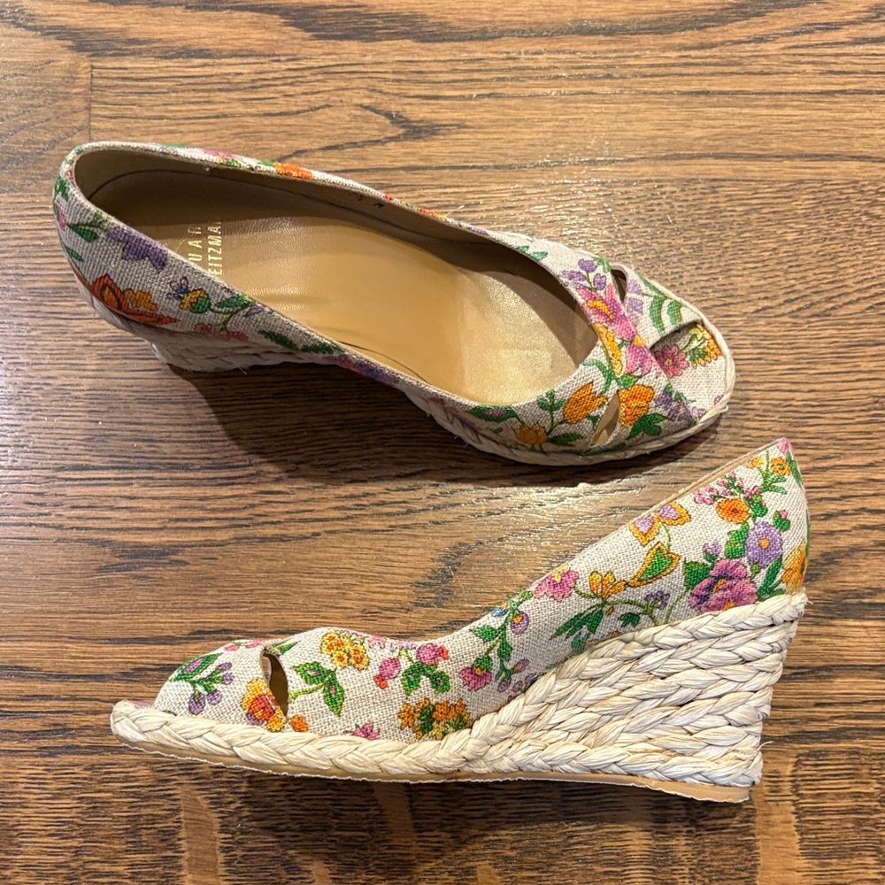 Stuart Weitzman Floral Peep-Toe Wedge Espadrilles - Multicolor, 7.5